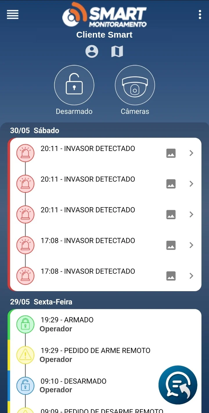 Aplicativo Smart Monitoramento mostrando linha do tempo de eventos e detecções