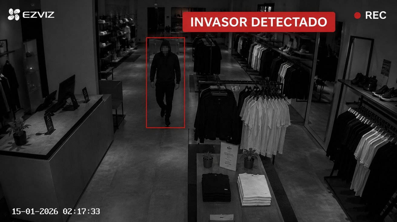 Monitoramento de alarmes registrando invasor em estabelecimento comercial